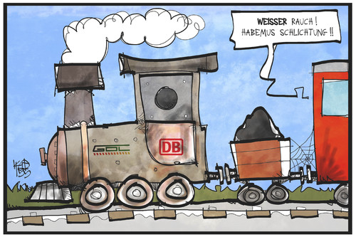 Cartoon: Habemus Schlichtung! (medium) by Kostas Koufogiorgos tagged karikatur,koufogiorgos,illustration,cartoon,gdl,bahn,db,schlichtung,rauch,einigung,zug,lokführer,streik,tarifstreit,arbeitskampf,politik,karikatur,koufogiorgos,illustration,cartoon,gdl,bahn,db,schlichtung,rauch,einigung,zug,lokführer,streik,tarifstreit,arbeitskampf,politik