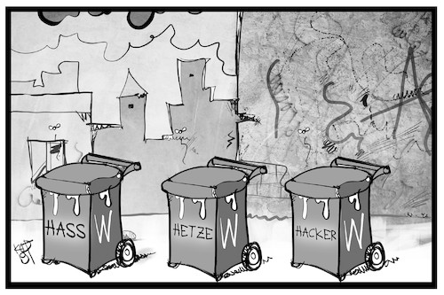 Cartoon: Hass Hetze und Hacker im WWW (medium) by Kostas Koufogiorgos tagged karikatur,koufogiorgos,illustration,cartoon,www,internet,it,hass,hetze,hacker,leaks,müll,tonne,braun,abfall,medien,karikatur,koufogiorgos,illustration,cartoon,www,internet,it,hass,hetze,hacker,leaks,müll,tonne,braun,abfall,medien