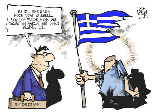 Cartoon: Hilfe für Griechenland (medium) by Kostas Koufogiorgos tagged griechenland,bundesbank,haircut,schuldenschnitt,euro,schulden,krise,europa,karikatur,koufogiorgos,griechenland,bundesbank,haircut,schuldenschnitt,euro,schulden,krise,europa,karikatur,koufogiorgos