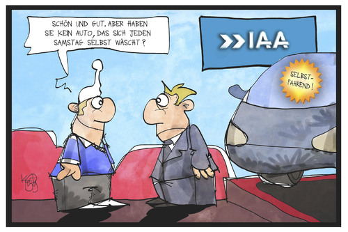 Cartoon: IAA (medium) by Kostas Koufogiorgos tagged karikatur,koufogiorgos,illustration,cartoon,iaa,auto,selbstfahrend,selbstwaschend,michel,deutschland,blechle,automobil,messe,ausstellung,verkauf,händler,präsentation,show,mobilität,karikatur,koufogiorgos,illustration,cartoon,iaa,auto,selbstfahrend,selbstwaschend,michel,deutschland,blechle,automobil,messe,ausstellung,verkauf,händler,präsentation,show,mobilität