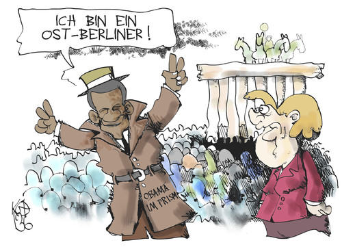 Cartoon: IM Prism - Obama in Berlin (medium) by Kostas Koufogiorgos tagged obama,prism,stasi,überwachung,berlin,merkel,usa,agent,ostberlin,karikatur,koufogiorgos,obama,prism,stasi,überwachung,berlin,merkel,usa,agent,ostberlin,karikatur,koufogiorgos
