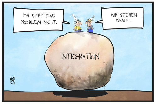 Cartoon: Integrationsgipfel (medium) by Kostas Koufogiorgos tagged karikatur,koufogiorgos,illustration,cartoon,integration,migration,michel,deutschland,einwanderung,flüchtlingskrise,stein,berg,problem,karikatur,koufogiorgos,illustration,cartoon,integration,migration,michel,deutschland,einwanderung,flüchtlingskrise,stein,berg,problem