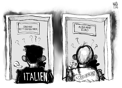 Cartoon: Italien und Griechenland (medium) by Kostas Koufogiorgos tagged rettungsschirm,eingang,ausgang,euro,italien,griechenland,schulden,krise,europa,karikatur,kostas,koufogiorgos,rettungsschirm,eingang,italien,griechenland,schulden