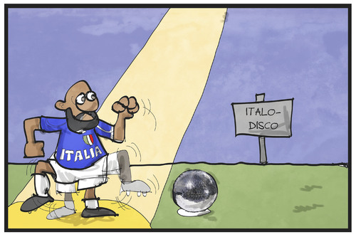 Cartoon: Italo-Disco 2016 (medium) by Kostas Koufogiorgos tagged karikatur,koufogiorgos,cartoon,illustration,italien,fussball,em,europameisterschaft,tor,zaza,elfmeterschiessen,strafstoss,tanz,trippeln,disco,discokugel,italo,trend,tanzen,musik,stil,karikatur,koufogiorgos,cartoon,illustration,italien,fussball,em,europameisterschaft,tor,zaza,elfmeterschiessen,strafstoss,tanz,trippeln,disco,discokugel,italo,trend,tanzen,musik,stil