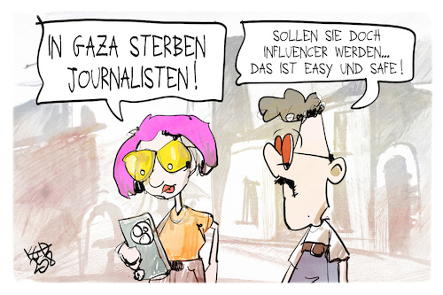 Cartoon: Journalisten und Influencer (medium) by Kostas Koufogiorgos tagged karikatur,koufogiorgos,influencer,journalist,gaza,beruf,gefahr,karikatur,koufogiorgos,influencer,journalist,gaza,beruf,gefahr