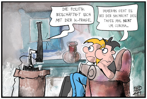 Cartoon: K-Frage (medium) by Kostas Koufogiorgos tagged karikatur,koufogiorgos,illustration,cartoon,kfrage,cdu,csu,kanzler,corona,fernsehen,nachrichten,politik,demokratie,wahl,karikatur,koufogiorgos,illustration,cartoon,kfrage,cdu,csu,kanzler,corona,fernsehen,nachrichten,politik,demokratie,wahl