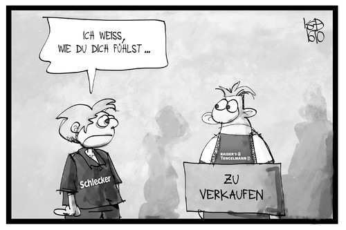 Cartoon: Kaisers Tengelmann (medium) by Kostas Koufogiorgos tagged karikatur,koufogiorgos,illustration,cartoon,kaisers,tengelmann,schlecker,supermarkt,verkauf,zerschlagung,mitarbeiter,arbeitsplatz,angestellter,karikatur,koufogiorgos,illustration,cartoon,kaisers,tengelmann,schlecker,supermarkt,verkauf,zerschlagung,mitarbeiter,arbeitsplatz,angestellter