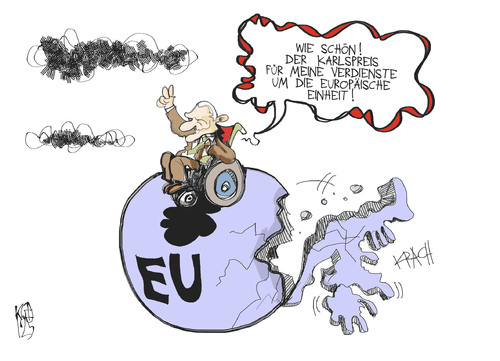 Cartoon: Karlspreis (medium) by Kostas Koufogiorgos tagged karlspreis,aachen,schäuble,europa,einheit,griechenland,euro,schulden,krise,karikatur,kostas,koufogiorgos,karlspreis,aachen,schäuble,europa,griechenland