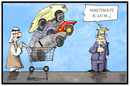 Cartoon: Katar (medium) by Kostas Koufogiorgos tagged karikatur,koufogiorgos,illustration,cartoon,katar,hamsterkauf,scheich,isolation,reporter,journalist,medien,bericht,einkaufen,auto,luxus,güter,wirtschaft,karikatur,koufogiorgos,illustration,cartoon,katar,hamsterkauf,scheich,isolation,reporter,journalist,medien,bericht,einkaufen,auto,luxus,güter,wirtschaft