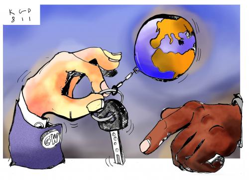 Cartoon: Key of the World (medium) by Kostas Koufogiorgos tagged barack,obama,gw,bush,election,worldpower,usa,kostas,koufogiorgos,barack obama,usa,amerika,präsident,präsidentschaftswahlen,wahl,wahlen,präsidentschaft,irak,afghanistan,krise,katastrophen,amtszeit,finanzkrise,chaos,weiße haus,bürde,hoffnung,erbe,hinterlassenschaft,wirtschaft,wahlkampf,aussichten,zukunft,ausgaben,geld,finanzen,barack,obama,weiße,haus,sieger,übernahme,übergabe,welt,regierung,george bush,schlüssel,george,bush,erde,verantwortung,autoschlüssel