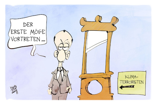 Cartoon: Klimaterroristen (medium) by Kostas Koufogiorgos tagged karikatur,koufogiorgos,klimaterroristen,merz,guillotine,strafe,letzte,generation,aktivisten,karikatur,koufogiorgos,klimaterroristen,merz,guillotine,strafe,letzte,generation,aktivisten