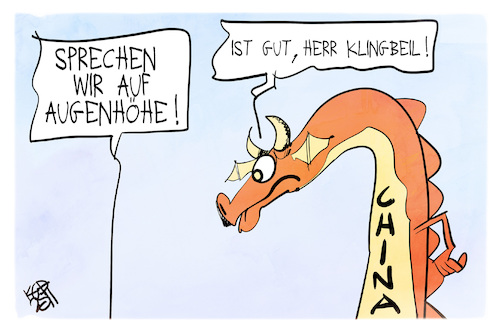 Cartoon: Klingbeil in China (medium) by Kostas Koufogiorgos tagged karikatur,koufogiorgos,klingbeil,china,drache,augenhöhe,karikatur,koufogiorgos,klingbeil,china,drache,augenhöhe