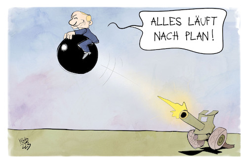 Cartoon: Krieg nach Plan (medium) by Kostas Koufogiorgos tagged koufogiorgos,karikatur,putin,krieg,kanone,lüge,münchhausen,ukraine,koufogiorgos,karikatur,putin,krieg,kanone,lüge,münchhausen,ukraine