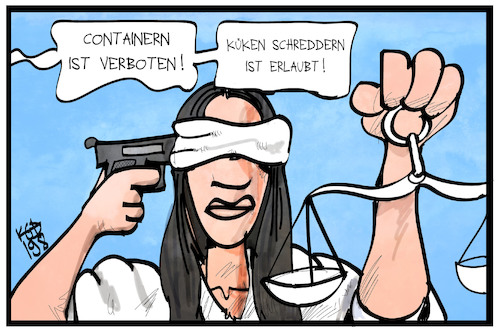 Cartoon: Küken schreddern (medium) by Kostas Koufogiorgos tagged karikatur,koufogiorgos,illustration,cartoon,küken,töten,schreddern,containern,justitia,gericht,urteil,tierschutz,karikatur,koufogiorgos,illustration,cartoon,küken,töten,schreddern,containern,justitia,gericht,urteil,tierschutz