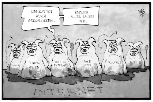 Cartoon: Linksunten (medium) by Kostas Koufogiorgos tagged karikatur,koufogiorgos,illustration,cartoon,linksunten,linksextremismus,internet,plattform,sumpf,schwein,pädophil,extremismus,hetze,karikatur,koufogiorgos,illustration,cartoon,linksunten,linksextremismus,internet,plattform,sumpf,schwein,pädophil,extremismus,hetze