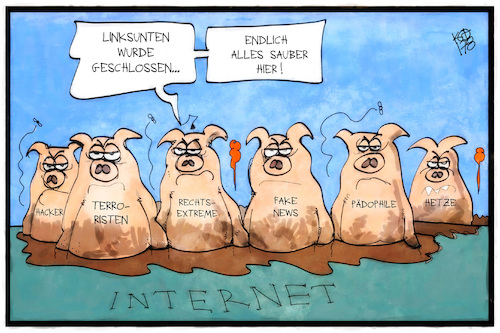 Cartoon: Linksunten (medium) by Kostas Koufogiorgos tagged karikatur,koufogiorgos,illustration,cartoon,linksunten,linksextremismus,internet,plattform,sumpf,schwein,pädophil,extremismus,hetze,karikatur,koufogiorgos,illustration,cartoon,linksunten,linksextremismus,internet,plattform,sumpf,schwein,pädophil,extremismus,hetze