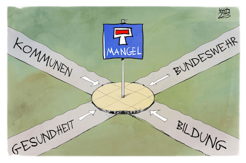 Cartoon: Mangellage (medium) by Kostas Koufogiorgos tagged karikatur,koufogiorgos,mangel,mangellage,weg,strasse,bildung,gesundheit,sackgasse,bundeswehr,kommunen,karikatur,koufogiorgos,mangel,mangellage,weg,strasse,bildung,gesundheit,sackgasse,bundeswehr,kommunen