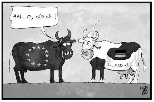 Cartoon: Mehr Geld für die EU (medium) by Kostas Koufogiorgos tagged karikatur,koufogiorgos,illustration,cartoon,eu,stier,geld,deutschland,michel,melkkuh,mitglied,europa,beitrag,karikatur,koufogiorgos,illustration,cartoon,eu,stier,geld,deutschland,michel,melkkuh,mitglied,europa,beitrag