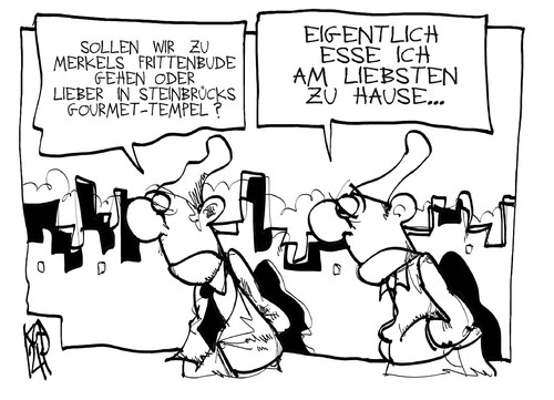 Cartoon: Merkel oder Steinbrück (medium) by Kostas Koufogiorgos tagged haushalt,bundestag,debatte,frittenbude,gourmet,tempel,merkel,steinbrück,karikatur,kostas,koufogiorgos,haushalt,bundestag,debatte,frittenbude,gourmet,tempel,merkel,steinbrück,karikatur,kostas,koufogiorgos