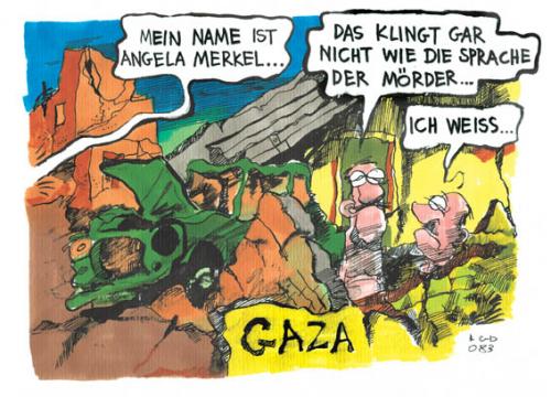 Cartoon: Merkels Rede in der Knesset (medium) by Kostas Koufogiorgos tagged merkel,israel,palästina,gaza,kostas,koufogiorgos,,angela,merkel,israel,palästina,gaza,kostas,koufogiorgos,nahost,islam,juden,zion,zionisten,knessert,rede,staatsbesuch,zerstörung,nazi,boykott,holocaust,verzeihen,vergangenheit,angela merkel