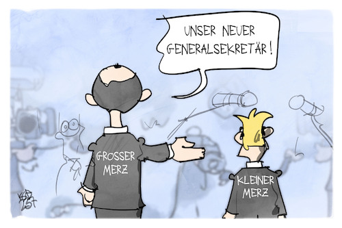 Cartoon: Merz (medium) by Kostas Koufogiorgos tagged karikatur,koufogiorgos,merz,linnemann,cdu,generalsekretär,karikatur,koufogiorgos,merz,linnemann,cdu,generalsekretär