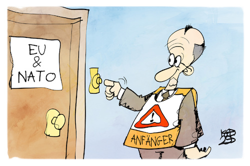 Cartoon: Merz auf Tour (medium) by Kostas Koufogiorgos tagged karikatur,koufogiorgos,merz,anfänger,antrittsbesuch,bundeskanzler,karikatur,koufogiorgos,merz,anfänger,antrittsbesuch,bundeskanzler