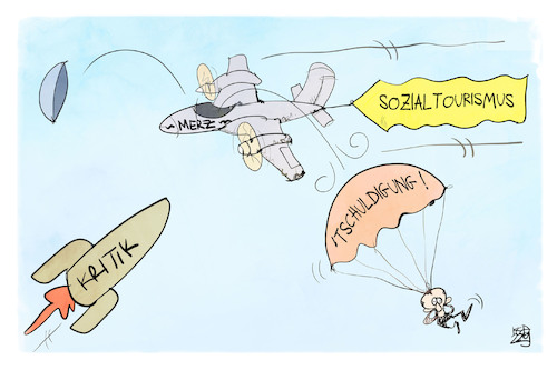 Cartoon: Merz entschuldigt sich (medium) by Kostas Koufogiorgos tagged karikatur,koufogiorgos,merz,sozialtourismus,fallschirm,flugzeug,rhetorik,schleudersitz,karikatur,koufogiorgos,merz,sozialtourismus,fallschirm,flugzeug,rhetorik,schleudersitz