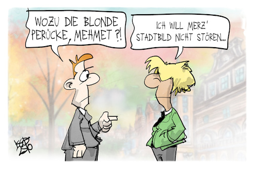 Cartoon: Merzens Stadtbild (medium) by Kostas Koufogiorgos tagged karikatur,koufogiorgos,merz,stadtbild,migration,rassismus,perücke,karikatur,koufogiorgos,merz,stadtbild,migration,rassismus,perücke