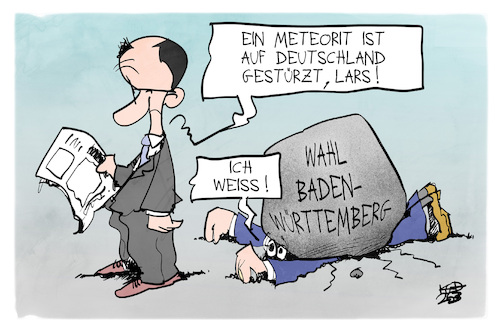 Cartoon: Meteorit (medium) by Kostas Koufogiorgos tagged karikatur,koufogiorgos,meteorit,merz,klingbeil,spd,fels,landtagswahl,baden,württemberg,karikatur,koufogiorgos,meteorit,merz,klingbeil,spd,fels,landtagswahl,baden,württemberg