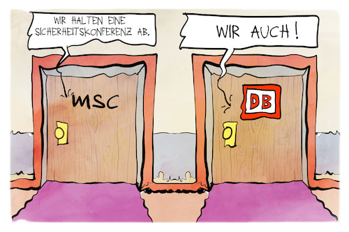 Cartoon: msc und DB (medium) by Kostas Koufogiorgos tagged karikatur,koufogiorgos,db,msc,sicherheitskonferenz,tür,bahn,münchen,karikatur,koufogiorgos,db,msc,sicherheitskonferenz,tür,bahn,münchen