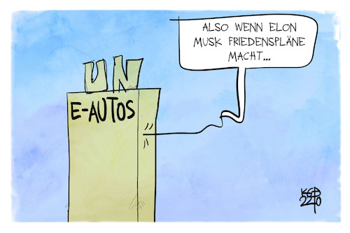 Cartoon: Musks Friedensplan (medium) by Kostas Koufogiorgos tagged musk,un,frieden,elektroauto,musk,un,frieden,elektroauto