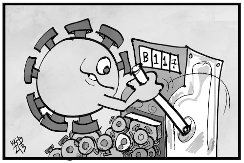 Cartoon: Mutante B117 (medium) by Kostas Koufogiorgos tagged karikatur,koufogiorgos,illustration,cartoon,mutante,mutation,b117,jackpot,virus,corona,pandemie,karikatur,koufogiorgos,illustration,cartoon,mutante,mutation,b117,jackpot,virus,corona,pandemie