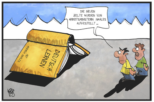 Cartoon: Nahles bildet (medium) by Kostas Koufogiorgos tagged karikatur,koufogiorgos,illustration,cartoon,nahles,arbeitsministerin,flüchtlinge,zelt,camp,deutsch,sprache,bildung,buch,integration,arbeitsmarkt,politik,karikatur,koufogiorgos,illustration,cartoon,nahles,arbeitsministerin,flüchtlinge,zelt,camp,deutsch,sprache,bildung,buch,integration,arbeitsmarkt,politik