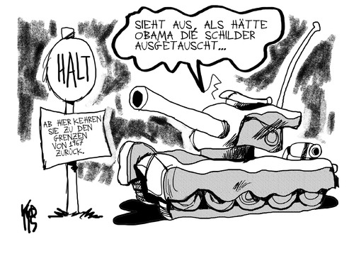Cartoon: Nahost-Konflikt (medium) by Kostas Koufogiorgos tagged israel,1967,usa,barack obama,konflikt,krieg,nahost,barack,obama