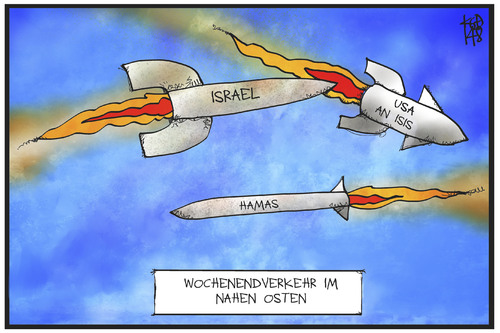 Cartoon: Nahost-Konflikt (medium) by Kostas Koufogiorgos tagged karikatur,kougiorgos,illustration,cartoon,nahost,konflikt,rakete,angriff,bombardierung,isis,iral,usa,hamas,israel,gaza,wochenende,verkehr,kieg,politik,karikatur,kougiorgos,illustration,cartoon,nahost,konflikt,rakete,angriff,bombardierung,isis,iral,usa,hamas,israel,gaza,wochenende,verkehr,kieg,politik