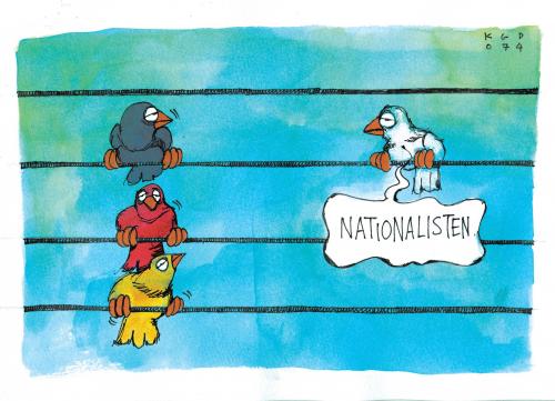 Cartoon: Nationalisten! (medium) by Kostas Koufogiorgos tagged leitkultur,patriotismus,patriotismus,national,nationalisten,nazi,nazis,vogel,vögel,draht,stromleitung,zusammenkunft,vorurteil,fehleinschätzung,links,rechts,meinung