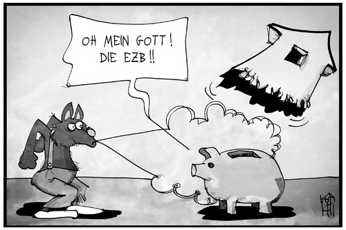 Cartoon: Negativzinsen (medium) by Kostas Koufogiorgos tagged karikatur,koufogiorgos,illustration,cartoon,ezb,sparschwein,schweinchen,wolf,haus,europa,zentralbank,zinsen,spareinlagen,geld,wirtschaft,karikatur,koufogiorgos,illustration,cartoon,ezb,sparschwein,schweinchen,wolf,haus,europa,zentralbank,zinsen,spareinlagen,geld,wirtschaft