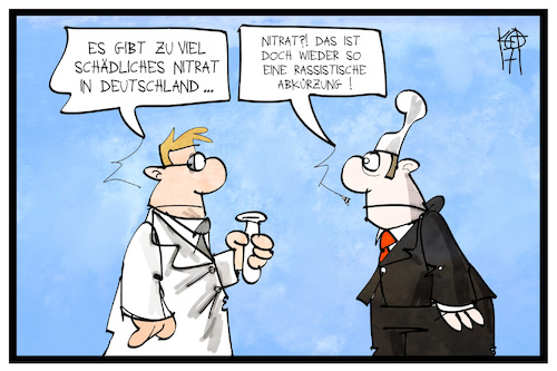 Cartoon: Nitrat (medium) by Kostas Koufogiorgos tagged karikatur,koufogiorgos,illustration,cartoon,nitrat,rassistisch,begriff,labor,laborant,chemie,wissenschaftler,analyse,wasser,michel,gesundheit,grundwasser,karikatur,koufogiorgos,illustration,cartoon,nitrat,rassistisch,begriff,labor,laborant,chemie,wissenschaftler,analyse,wasser,michel,gesundheit,grundwasser