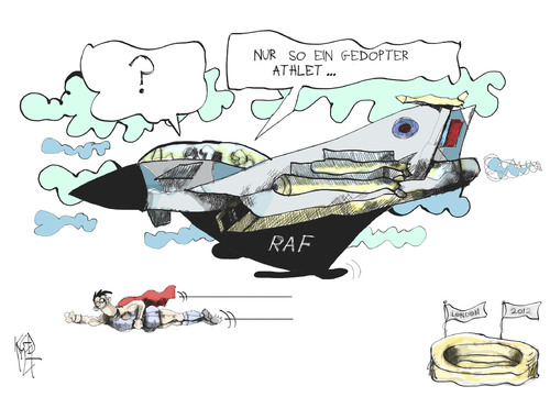 Cartoon: Olympische Spiele (medium) by Kostas Koufogiorgos tagged royal,air,force,raf,olympische,spiele,flugzeug,athlet,sport,leistung,doping,karikatur,kostas,koufogiorgos
