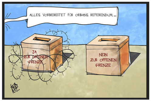 Cartoon: Orbans Referendum (medium) by Kostas Koufogiorgos tagged karikatur,koufogiorgos,illustration,cartoon,orban,ungarn,referendum,wahl,volksabstimmung,stacheldraht,grenze,ja,nein,politik,fluechtlingskrise,karikatur,koufogiorgos,illustration,cartoon,orban,ungarn,referendum,wahl,volksabstimmung,stacheldraht,grenze,ja,nein,politik,fluechtlingskrise