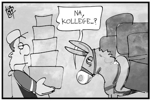 Cartoon: Paketzusteller (medium) by Kostas Koufogiorgos tagged karikatur,koufogiorgos,illustration,cartoon,paketdienst,zusteller,esel,last,packesel,arbeit,sozial,geringverdiener,geld,lohn,karikatur,koufogiorgos,illustration,cartoon,paketdienst,zusteller,esel,last,packesel,arbeit,sozial,geringverdiener,geld,lohn