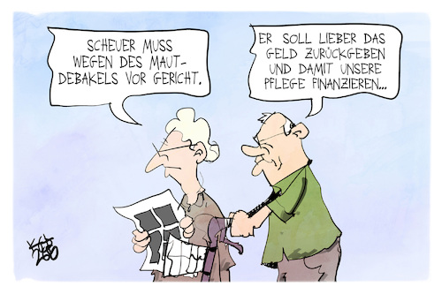Cartoon: Pflegefinanzierung (medium) by Kostas Koufogiorgos tagged karikatur,koufogiorgos,pflege,finanzierung,scheuer,geld,maut,karikatur,koufogiorgos,pflege,finanzierung,scheuer,geld,maut