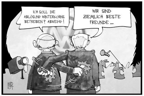 Cartoon: Piech und Winterkorn (medium) by Kostas Koufogiorgos tagged karikatur,koufogiorgos,illustration,cartoon,vw,winterkorn,piech,aufsichtsrat,manager,spitze,konzern,automobil,industrie,wirtschaft,feindschaft,messer,mord,pressekonferenz,lüge,schein,hinterrücks,karikatur,koufogiorgos,illustration,cartoon,vw,winterkorn,piech,aufsichtsrat,manager,spitze,konzern,automobil,industrie,wirtschaft,feindschaft,messer,mord,pressekonferenz,lüge,schein,hinterrücks