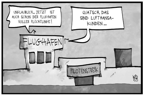 Cartoon: Pilotenstreik (medium) by Kostas Koufogiorgos tagged karikatur,koufogiorgos,illustration,cartoon,pilotenstreik,lufthansa,flughafen,arbeitskampf,flüchtlinge,kunden,fluggesellschaft,airline,beruf,karikatur,koufogiorgos,illustration,cartoon,pilotenstreik,lufthansa,flughafen,arbeitskampf,flüchtlinge,kunden,fluggesellschaft,airline,beruf