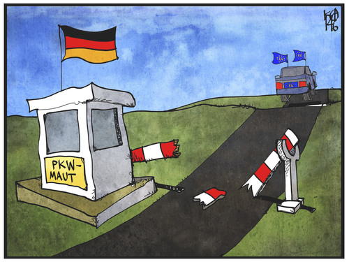 Cartoon: PKW-Maut (medium) by Kostas Koufogiorgos tagged karikatur,koufogiorgos,illustration,cartoon,pkw,maut,auto,eu,europa,gebühr,strasse,verkehr,schranke,stopp,politik,infrastruktur,karikatur,koufogiorgos,illustration,cartoon,pkw,maut,auto,eu,europa,gebühr,strasse,verkehr,schranke,stopp,politik,infrastruktur