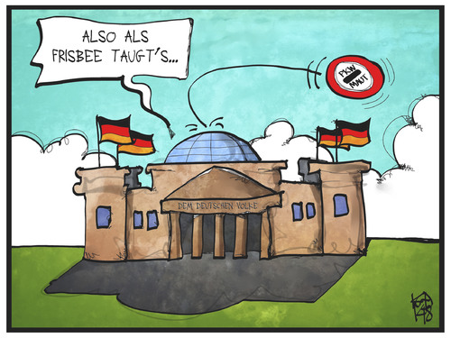 Cartoon: PKW-Maut (medium) by Kostas Koufogiorgos tagged karikatur,koufogiorgos,illustration,cartoon,bundestag,reichstag,frisbee,maut,verkehr,gebühr,politik,karikatur,koufogiorgos,illustration,cartoon,bundestag,reichstag,frisbee,maut,verkehr,gebühr,politik