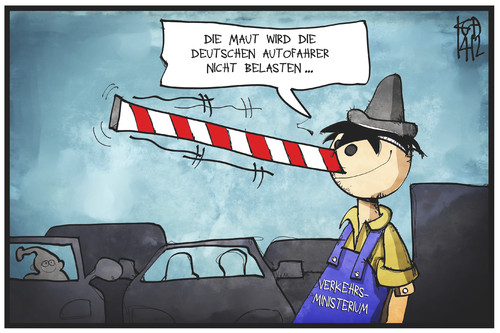 Cartoon: PKW-Maut (medium) by Kostas Koufogiorgos tagged karikatur,koufogiorgos,illustration,cartoon,maut,pkw,verkehrsministerium,pinoocchio,schranke,nase,lüge,auto,abgabe,gebühr,politik,karikatur,koufogiorgos,illustration,cartoon,maut,pkw,verkehrsministerium,pinoocchio,schranke,nase,lüge,auto,abgabe,gebühr,politik