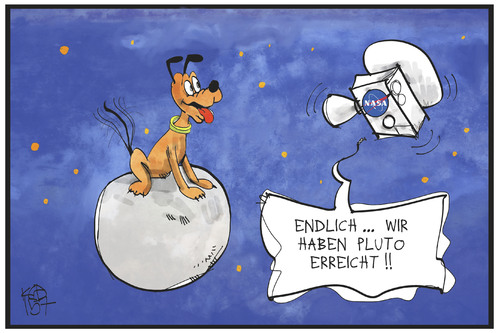 Cartoon: Pluto (medium) by Kostas Koufogiorgos tagged karikatur,koufogiorgos,illustration,cartoon,pluto,planet,hund,raumschiff,nasa,new,horizons,weltall,raumfahrt,wissenschaft,forschung,reise,karikatur,koufogiorgos,illustration,cartoon,pluto,planet,hund,raumschiff,nasa,new,horizons,weltall,raumfahrt,wissenschaft,forschung,reise