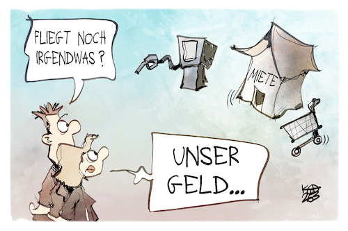 Cartoon: Preis-Höhenflug (medium) by Kostas Koufogiorgos tagged karikatur,koufogiorgos,sprit,miete,verbraucher,lebenshaltung,kosten,karikatur,koufogiorgos,sprit,miete,verbraucher,lebenshaltung,kosten