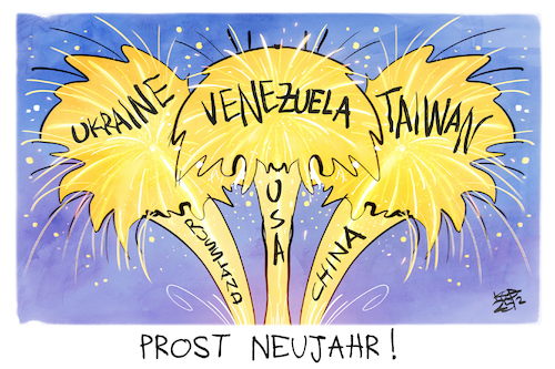 Cartoon: Prost Neujahr! (medium) by Kostas Koufogiorgos tagged karikatur,koufogiorgos,ukraine,feuerwerk,russland,usa,china,feier,krieg,taiwan,venezuela,karikatur,koufogiorgos,ukraine,feuerwerk,russland,usa,china,feier,krieg,taiwan,venezuela